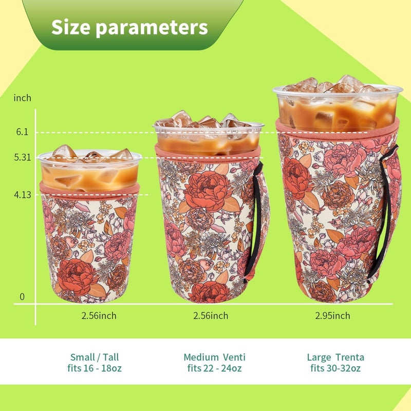 Snowso 3 Pack Iced Coffee sleeve Insulated Neoprene Cup Sleeves with handle For Cold Drinks Beverages, Reusable Cup Holder for 16oz-32oz Coffee Cups (Flower Power) - Image 2